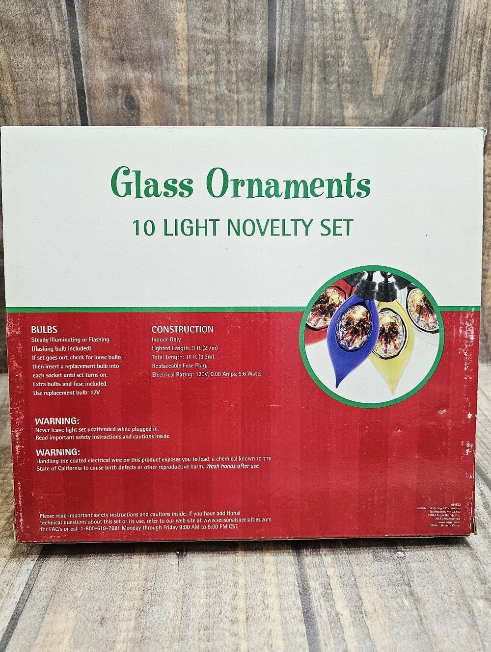American Vintage Retro Glass Christmas Lighted 10 Indent Ornaments String 11'